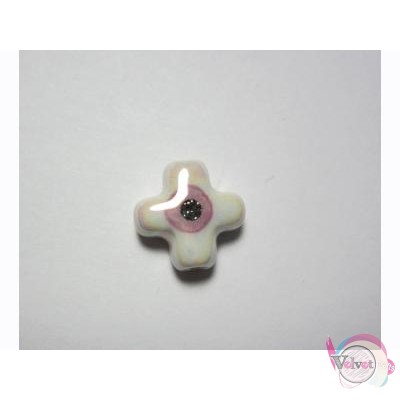 Χειροποίητος σταυρός περαστός, με μάτι, λευκό-ροζ, 15x15mm, 5τμχ. Κεραμικές χάντρες