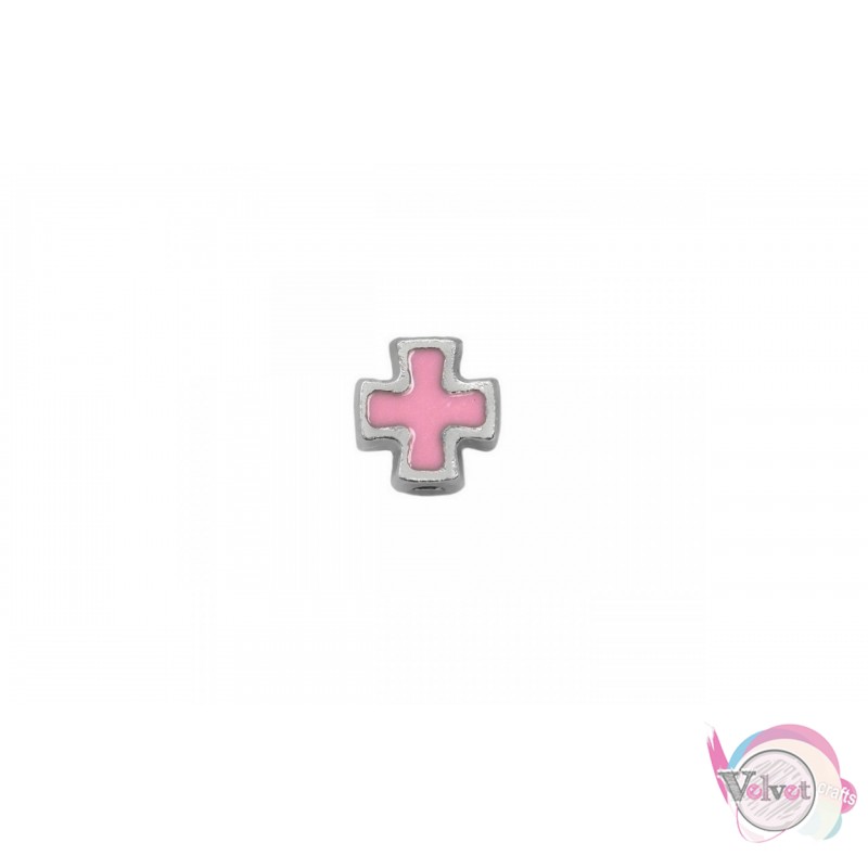 Χάντρα σταυρός, ασημί με ροζ σμάλτο, 7.5mm, 30τμχ. Σταυροί περαστοί