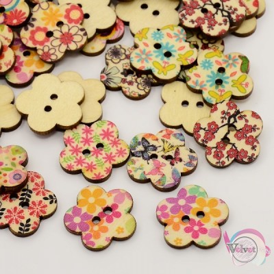Ξύλινα κουμπιά, πολύχρωμα, λουλούδια, 18x3mm, 40τμχ. Κουμπιά
