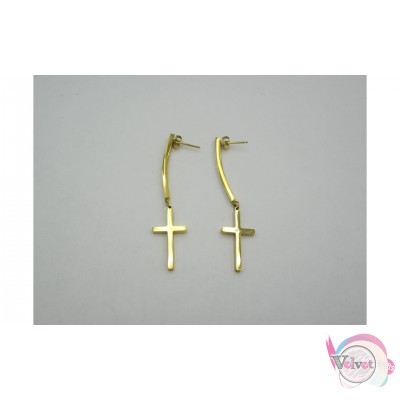 Ατσάλινα σκουλαρίκια κρεμαστά με σταυρό, χρυσό, 55mm, 1 ζευγάρι Ατσάλινα σκουλαρίκια