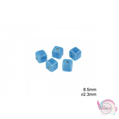 Κεραμική χάντρα, γαλάζιο, κύβος, 8.5mm, 15τμχ. Κεραμικές χάντρες