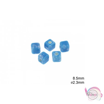 Κεραμική χάντρα, γαλάζιο με λευκές κηλίδες, κύβος, 8.5mm,  15τμχ. Κεραμικές χάντρες