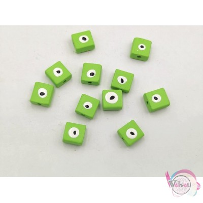 Κεραμική χάντρα με μάτι, τετράγωνο,  πράσινο, 10mm,  10τμχ. Κεραμικές χάντρες