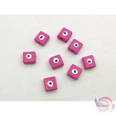 Κεραμική χάντρα με μάτι, τετράγωνο,  ροζ-φούξια, 10mm,  10τμχ. Κεραμικές χάντρες