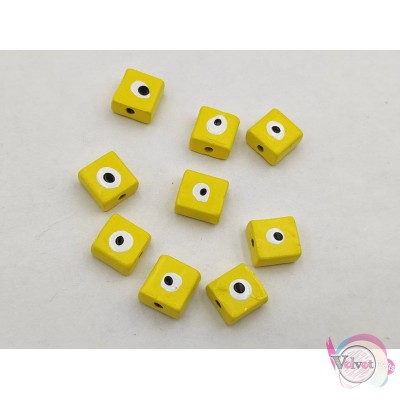 Κεραμική χάντρα με μάτι, τετράγωνο,  κίτρινο, 10mm,  10τμχ. Κεραμικές χάντρες