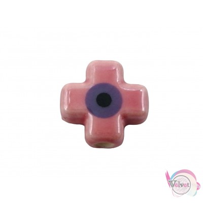 Κεραμικός σταυρός περαστός, με μάτι, ροζ, 12mm, 5τμχ. Κεραμικές χάντρες