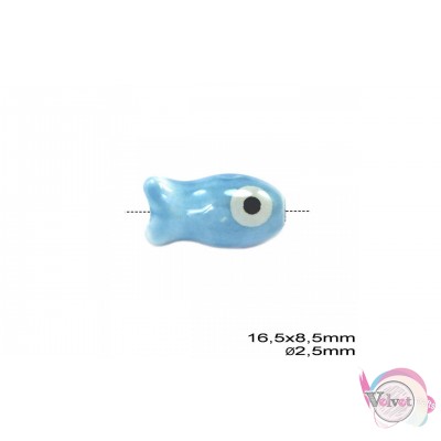 Ψάρι με μάτι, κεραμικό,γαλάζιο, 16x8mm,  5τμχ Κεραμικές χάντρες
