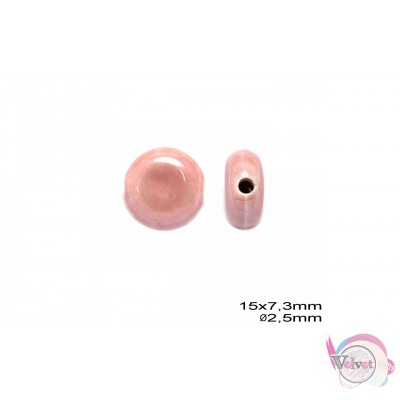 Κεραμική χάντρα, ροζ, πλακέ, 15x7.3mm,  10τμχ. Κεραμικές χάντρες