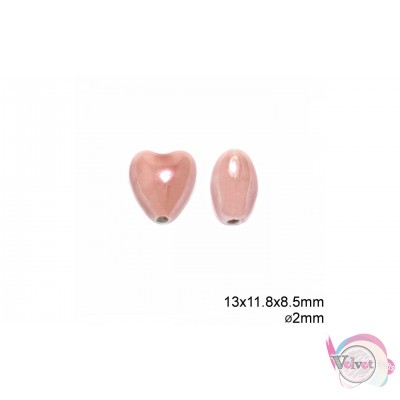 Κεραμική χάντρα καρδιά, ροζ, 13x11.8mm,  15τμχ. Κεραμικές χάντρες