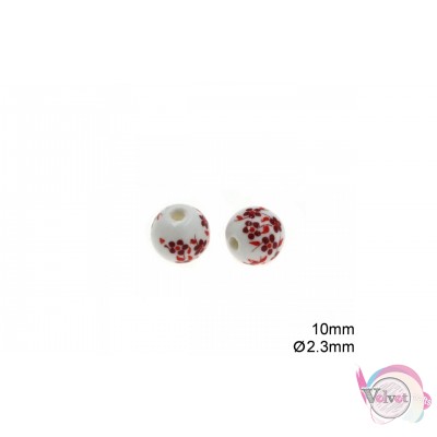Κεραμικές χάντρες, λευκό με κόκκινα λουλούδια, 10mm, 10τμχ. Κεραμικές χάντρες