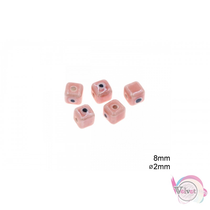 Κεραμική χάντρα, κύβος με μάτι, ροζ, 8mm,  10τμχ. Κεραμικές χάντρες