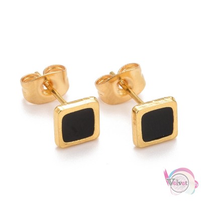 Ατσάλινα σκουλαρίκια με μαύρο σμάλτο, χρυσά, 6mm, 1 ζευγάρι Σκουλαρίκια
