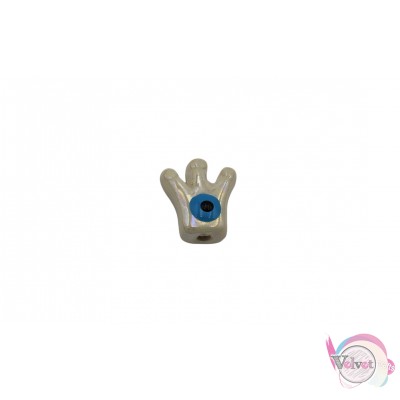 Χειροποίητη χάντρα κορώνα με μάτι, κεραμική, λευκή, 16x15mm, 3τμχ Κεραμικές χάντρες