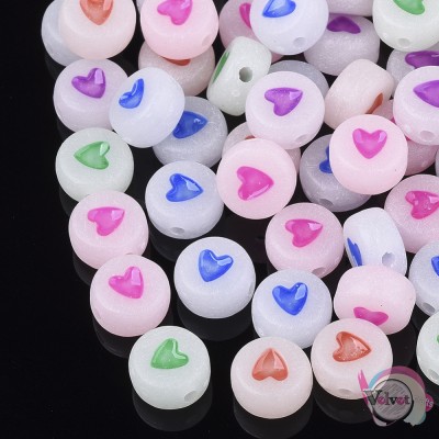 Διάφανη φωσφοριζέ χάντρα με πολύχρωμες καρδιές, 7mm, 100τμχ. Ακρυλικές χάντρες