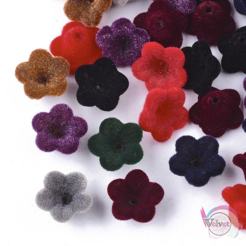 Βελούδινα καπελάκια, λουλούδια, πολύχρωμα, 12mm, 10τμχ. Ακρυλικές χάντρες