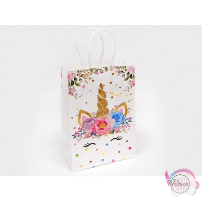 Τσάντα χάρτινη με στριφτό χερούλι, μονόκερος με λουλούδια, λευκή, 21x15cm, 1τμχ. Σακούλες
