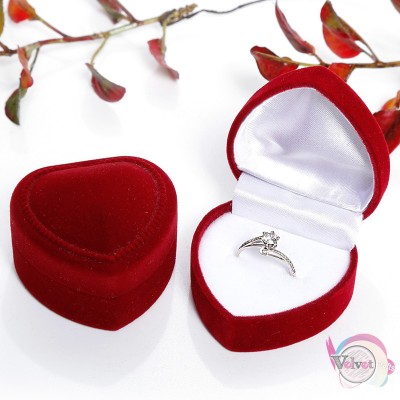 Βελούδινο κουτάκι δώρου για δαχτυλίδι, καρδιά, κόκκινο, 5x5cm, 1τμχ Συσκευασίες