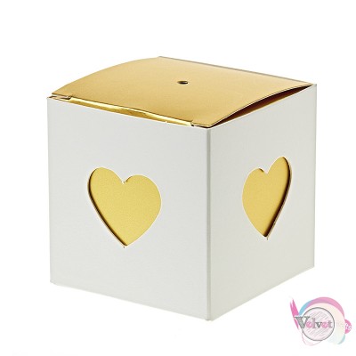 Χάρτινο κουτάκι διπλό με καρδιά, λευκό-χρυσό, 8.5cm, 1τμχ. Είδη συσκευασίας