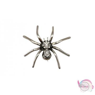 Χειροποίητη καρφίτσα, αράχνη, με στρας, ασημί πατίνα, 4.5cm, 1τμχ Καρφίτσες