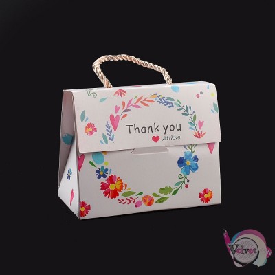 Κουτάκι δώρου με κορδόνι, "thank you" & λουλούδια, λευκό, 14cm, 3τμχ Συσκευασίες