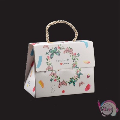 Κουτάκι δώρου με κορδόνι, "handmade with love" & πεταλούδες, λευκό, 14cm, 3τμχ Συσκευασίες