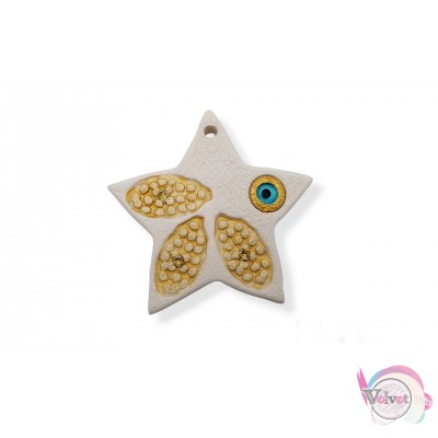 Χειροποίητο κεραμικό αστέρι με μάτι, λευκό-χρυσό, 65mm, 2τμχ. Κεραμικά γούρια