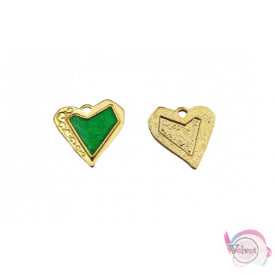 Καρδιά, χρυσό με πράσινο σμάλτο, 22x25mm, 3τμχ. Με σμάλτο