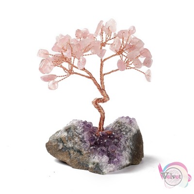 Δέντρο της ζωής διακοσμητικό, με ροζ χαλαζία και druzy αμέθυστο, 45~52mm, 1τμχ. Μεταλλικά γούρια