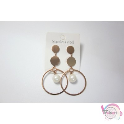 Ατσάλινα σκουλαρίκια με πέρλα, ροζ χρυσό, 65mm, 1 ζευγάρι. Σκουλαρίκια