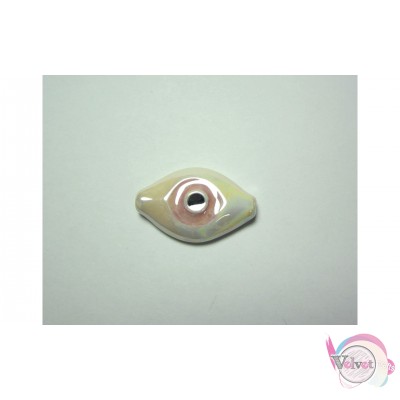 Χειροποίητο κεραμικό μάτι χάντρα, λευκό- ροζ, 32x20mm, 3τμχ. Κεραμικές χάντρες