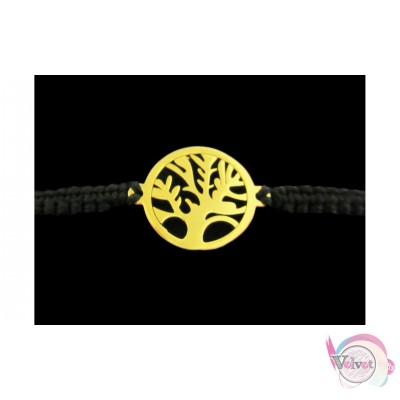 Βραχιόλι μακραμέ μαύρο, με χρυσό ατσάλινο στοιχείο δέντρο της ζωής,  1τμχ Ατσάλινα βραχιόλια- χειροπέδες