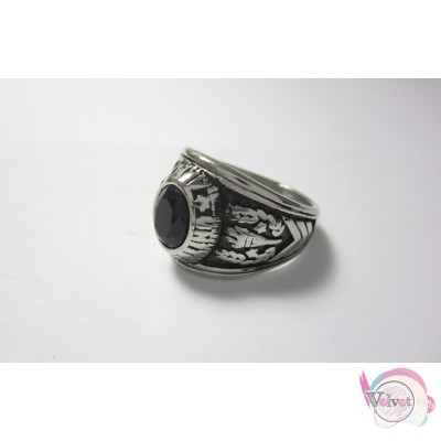 Ατσάλινο δαχτυλίδι, ασημί αντικέ, με μαύρη πέτρα, Νο 22,   1τμχ Aτσάλινα δαχτυλίδια