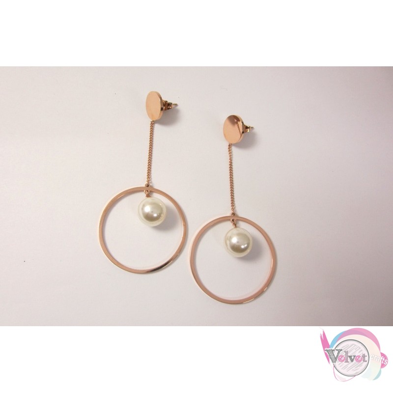 Ατσάλινα σκουλαρίκια με πέρλα, ροζ χρυσό, 80mm, 1 ζευγάρι. Σκουλαρίκια