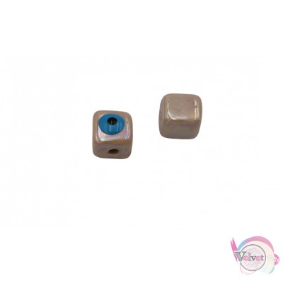 Κεραμική χάντρα, ροζ-γαλάζιο, κύβος μάτι, 11mm,  5τμχ. Κεραμικές χάντρες