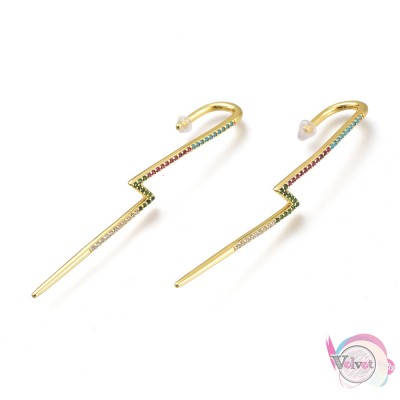 Σκουλαρίκια crawler earrings με ζιργκόν, αστραπή, επιχρυσωμένα 18Κ, 64~65mm, 1τμχ cuff earrings