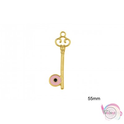 Γούρι κλειδί, χρυσό με ροζ σμάλτο, 55mm, 4τμχ. Γούρια με σμάλτο