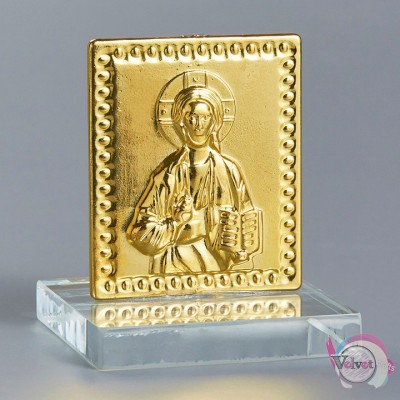 Μεταλλική εικόνα, με τον Ιησού Χριστό, σε γυάλινη βάση, χρυσή, 4x5cm, 1τμχ. Μεταλλικά γούρια