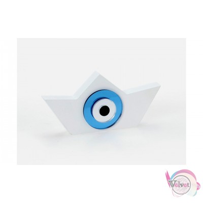 Ξύλινο επιτραπέζιο γούρι, καράβι με μπλε plexiglass μάτι, λευκό, 15cm, 1τμχ. Ξύλινα στοιχεία