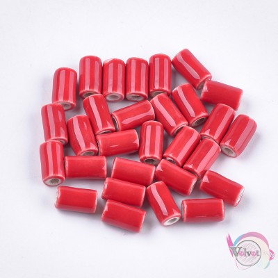 Χειροποίητες πορσελάνινες χάντρες, σωληνάκι, κόκκινο 10~10.5mm,  15τμχ Κεραμικές χάντρες