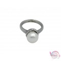 Ατσάλινo δαχτυλίδι, με λευκή πέρλα, ασημί, 10mm, 1τμχ Δαχτυλίδια γυναικεία
