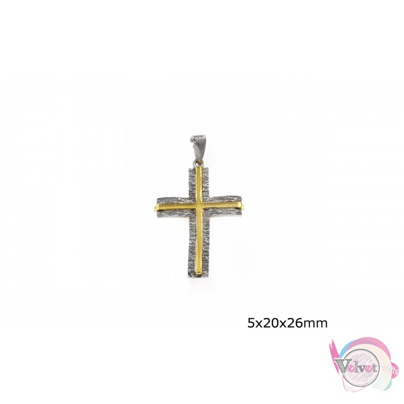Kρεμαστός σταυρός, ασήμι 925', διπλός δίχρωμος, 26x5mm, 1τμχ. Ασημένια 925