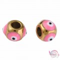 Ατσάλινες χάντρες, ματάκι, με ροζ σμάλτο, χρυσό, 8.5mm, 4τμχ Χάντρες με σχέδια