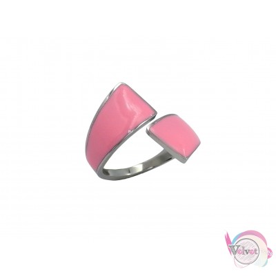 Ατσάλινo δαχτυλίδι με ροζ σμάλτο, ασημί, 20mm, 1τμχ Δαχτυλίδια γυναικεία