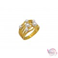 Ατσάλινo δαχτυλίδι, με λευκές πέρλες, χρυσό, 12mm, 1τμχ Δαχτυλίδια γυναικεία