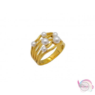 Ατσάλινo δαχτυλίδι, με λευκές πέρλες, χρυσό, 12mm, 1τμχ Δαχτυλίδια γυναικεία