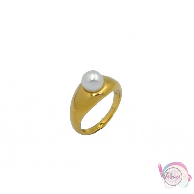 Ατσάλινo δαχτυλίδι, με λευκή πέρλα, χρυσό, 9mm, 1τμχ Δαχτυλίδια γυναικεία