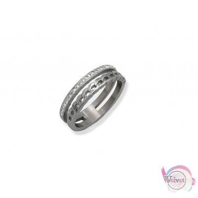 Ατσάλινο δαχτυλίδι με κρυσταλλάκια & σχέδιο αλυσίδα, ασημί, 1τμχ Δαχτυλίδια γυναικεία