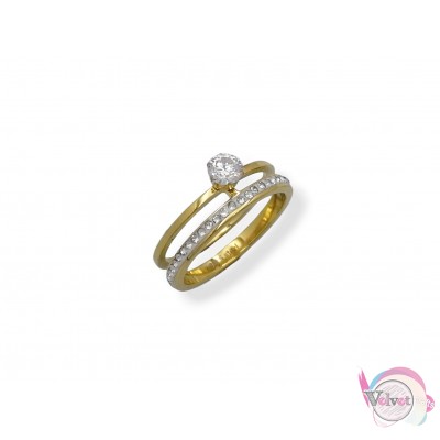 Ατσάλινο δαχτυλίδι με κρυσταλλάκια & ζιργκόν, χρυσό, 1τμχ Δαχτυλίδια γυναικεία