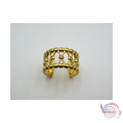 Ατσάλινο δαχτυλίδι με στρας, χρυσό, 13mm, 1τμχ. Aτσάλινα γυναικεία δαχτυλίδια