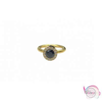 Ατσάλινο δαχτυλίδι με μαύρο κρυσταλλάκι και στρασάκια, χρυσό, 1τμχ Δαχτυλίδια γυναικεία
